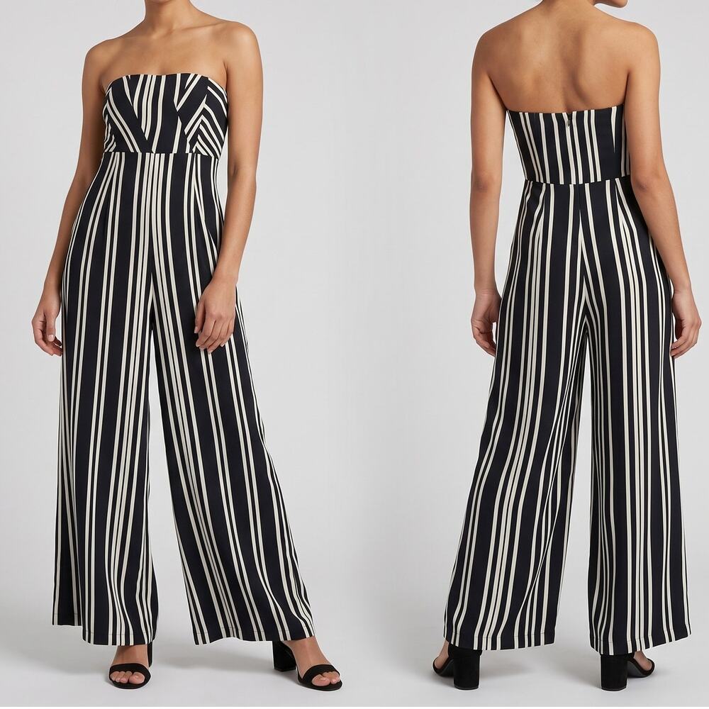 H&M US Size 4 Womens Black White Striped Strapless Jumpsuit No Belt